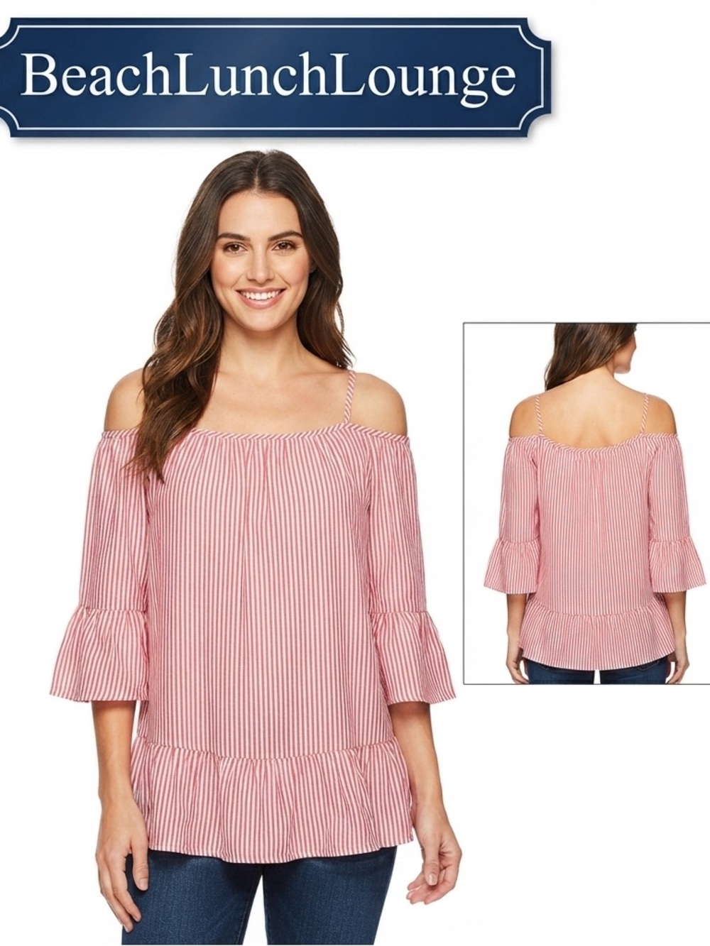 BeachLunchLounge Lexi Stripped Cold Shoulder Ruffle Flair Sleeve Blouse Med